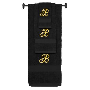 Imagem de Iniciais bordadas personalizadas A-Z - Toalha de banho de algodão felpudo personalizada, conjunto de toalha de mão e toalha de banho - Conjunto de toalhas pretas, letra B dourada Diana Script