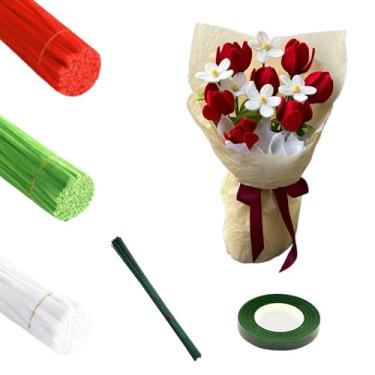 Imagem de HXDISWSM Conjunto de 161 peças de limpeza de cachimbo de flores, buquê de flores, feito à mão, kit completo de materiais DIY para crianças, faixa de cabelo de tulipa tecida verde de pelúcia
