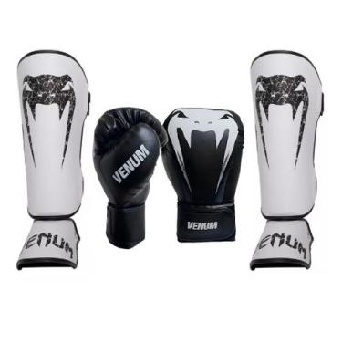 Imagem de Kit Caneleira Giant Branco e Luvas Boxe Muay Thai Logo Pro Preto Venum