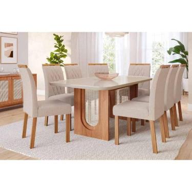 Imagem de Conjunto: Mesa Sala Jantar Valentina Tampo Madeirado c/ Vidro 210x100cm e 8 Cadeiras Juliana Cinamomo/Off White - Carvalho/Suede Nude Bege - Cimol