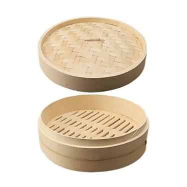 Imagem de WeiLaiKeQi Cesta de vapor de bambu com tampa, cesta redonda para cozimento a vapor de pães, bolinhos de massa, vaporizador para carne, comida asiática, vegetais, 24cm