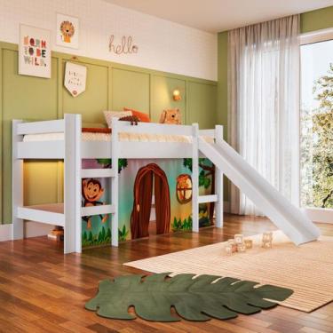 Imagem de Cama Infantil Elevada com Escorregador Branco e Cortina Estampada Zoo 