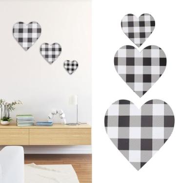 Imagem de 3 peças placa de madeira em forma de coração, decoração de madeira xadrez preto e branco decoração de parede placa suspensa rústica para sala de estar, cozinha, quarto, banheiro