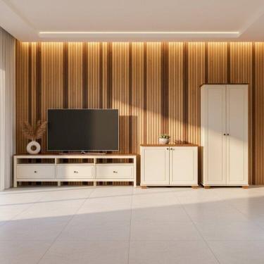 Imagem de Conjunto 3 Peças 1 Rack 210cm, 1 Armário e 1 Balcão Madeira Maciça Ananda Cabecasa Madeiramadeira Off White/Mel