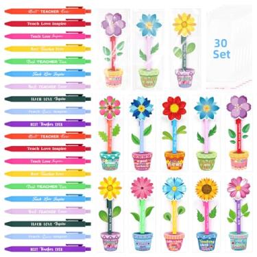 Imagem de homdat Conjunto de 30 conjuntos de canetas esferográficas de agradecimento ao professor (10 cores) e cartões em forma de vaso de flores (10 cores) e sacos transparentes de 24 x 9 cm