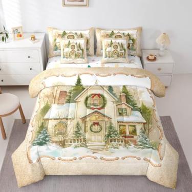 Imagem de Erosebridal Conjunto de cama de cabana de Natal em uma bolsa com lençóis, decoração de guirlanda de Natal, retrô, rústico, pinheiros, 7 peças, para crianças, adultos, decoração de guirlanda de Natal