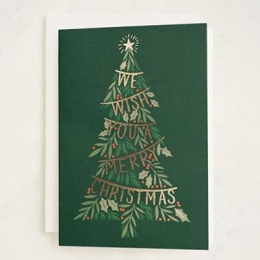 Imagem de Minted Merry Tree Garland Cartão de Natal, Cartões de Natal com Guirlanda Festiva e Design de Estrela, Cartões Dobrados 5x7, Prensado em Folha Dourada, Papel Luxuoso, Em Branco Dentro, 8 Cartões e 8