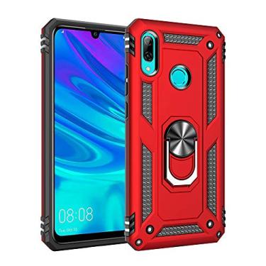 Imagem de SORAKA Capa para Huawei P30 Lite com suporte de anel capa armadura Huawei P30 Lite capa traseira de policarbonato rígido com placa de metal para suporte magnético de telefone carro vermelho