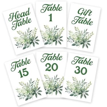 Imagem de GOMAKERER 32 cartões de números de mesa de casamento, 1 a 30 buquê de folhas verdes, placas de números de mesa de casamento de dupla face, com cabeça e cartão de mesa de presente, peça central de