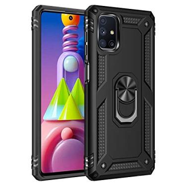 Imagem de SORAKA Capa para Samsung Galaxy M51 com suporte de anel capa protetora para Samsung Galaxy M51 capa traseira de policarbonato rígido com placa de metal para suporte magnético de telefone carro preto