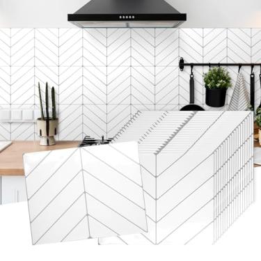 Imagem de 20 folhas de adesivo de azulejo de espinha de peixe, descasque e cole para cozinha, azulejo autoadesivo de parede de 2,5 mm de espessura com rejunte cinza, adesivo à prova d'água para banheiro