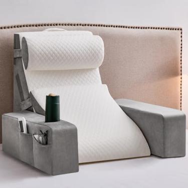 Imagem de Travesseiro de leitura para sentar na cama adulto, travesseiro de costas para cama sentado com braços, bolsos e suporte de copo, almofadas de encosto para sentar para apoio de cadeira, travesseiro de