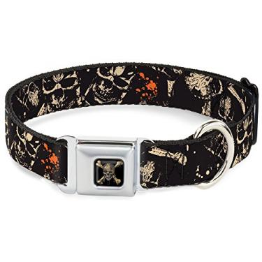 Imagem de Buckle-Down Coleira de cachorro fivela de cinto de segurança piratas crânios dispersos preto bronze vermelho 40 a 58 cm 3,8 cm de largura