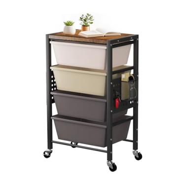 Imagem de Carrinho de rodinhas com 4 gavetas, carrinhos de armazenamento de gaveta de plástico com rodas e mesa de madeira, carrinho utilitário de metal com pegboards, escritório, sala de estar, sala de aula