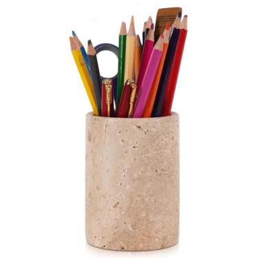 Imagem de Radicaln Suporte de papel de parede de mármore travertino de 10 cm feito à mão para mesa, ideal para organizador de mesa, acessórios de espaço de trabalho e artigos de papelaria escolares