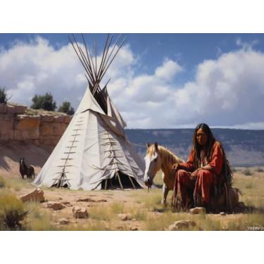 Imagem de YEEIFFD Pintura artística de diamante 5D para adultos com estampa de tendas e cavalos indígenas nativos para adultos, kit de pintura de diamante redondo por números para iniciantes, pedras preciosas