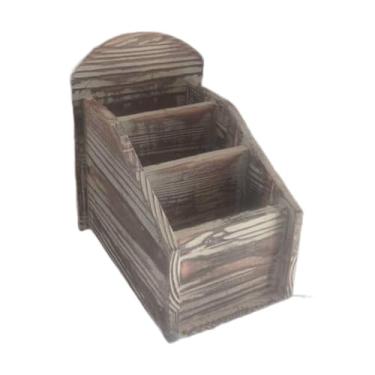 Imagem de AFXGUSD Porta-canetas para Mesa, Organizador de Mesa, 3 Compartimentos, Caixa de Armazenamento de Caneta Rústica Multifuncional, de Madeira, C, Tamanho real