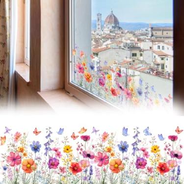 Imagem de 2 folhas de adesivos de janela estáticos de flores, adesivos grandes de 90 x 29 cm para janelas de vidro, película de privacidade floral para portas de vidro, banheiro, sala de estar, design vibrante