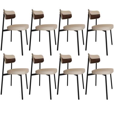 Imagem de Kit 08 Cadeiras Estofada Para Sala de Jantar Astrid Preto C01 Linho Areia Courino Whisky - Lyam Decor