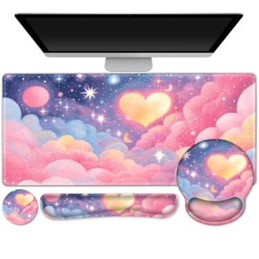 Imagem de ARTSO Combo de tapete de mesa, mouse pad grande com descanso de pulso, suporte de pulso de teclado, mousepad ergonômico com base antiderrapante para jogos de escritório em casa, nuvens coloridas