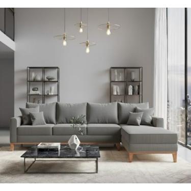 Imagem de Sofá Beny com Chaise Direita, 2,60x1,40m, 4 Lugares, Linho, Base em Madeira. (Cinza)