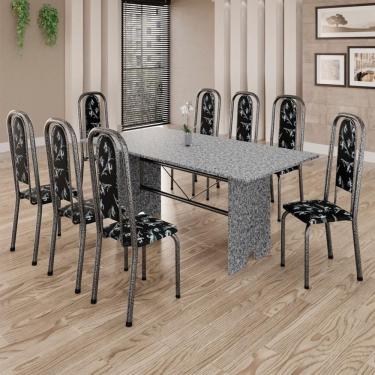 Imagem de Conjunto De Mesa Tubular 8 Cadeiras 180x75cm Mart Prata Com Tampo Em Granito Ocre Letícia 071 - Tudo De Móveis Preto Floral