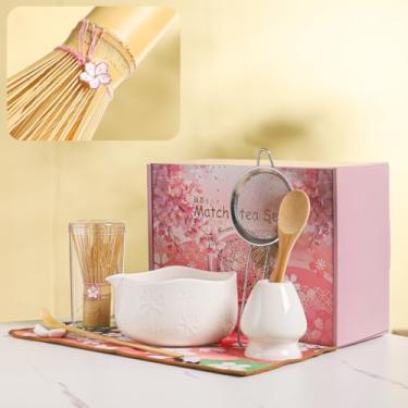 Imagem de DWEHIXBUY Conjunto de tigelas Matcha feitas à mão 8 peças - Xícaras de chá Chawan de cerâmica estilo japonês com arte floral e borda ondulada | Kit completo de cerimônia de chá Matcha em caixa de