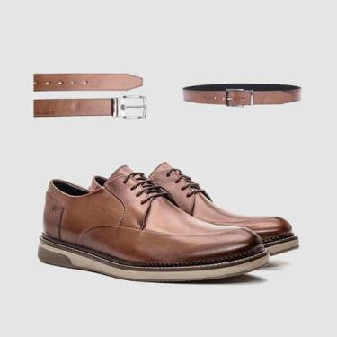 Imagem de Kit Sapato Social Urbano Marrom Com Cinto Claro Couro Estilo Detroit M