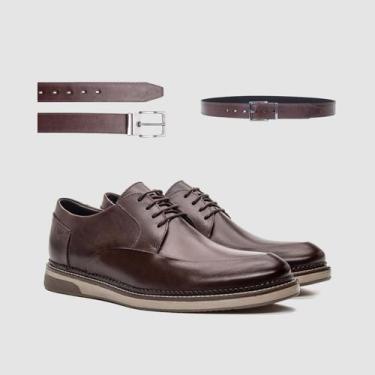 Imagem de Kit Sapato Social Urbano Marrom Com Cinto Couro Estilo Detroit Moderno
