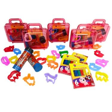 Imagem de Kit 10 Massinha Modelar + 10 Bolha Sabão Aranha + 20 Cortador + 10 Maletinha Acrílico Lembrancinha Infantil (VERMELHO)