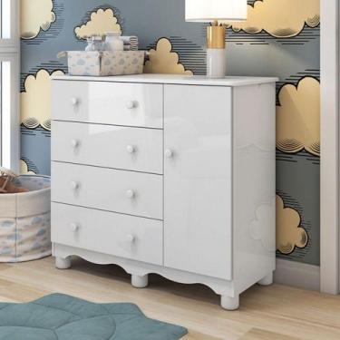 Imagem de Cômoda Infantil Júnior New 1 Porta 4 Gavetas 100% Mdf Branco Brilho - 