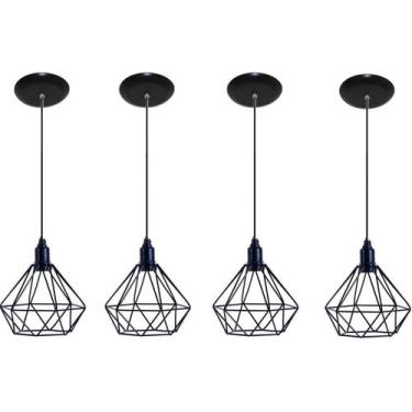 Imagem de Luminarias Pendente Aramado Modelo Lustres Diamante Kit com 04 Preto -
