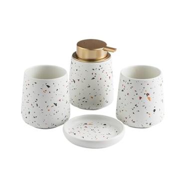 Imagem de Dispensador de sabão Dispensador de sabonete cerâmica para banheiro, 4 peças, com bomba, copo para enxaguante bucal, saboneteira