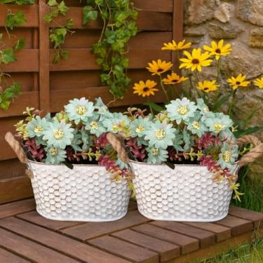 Imagem de Kit 2 Vasos Decorativos em Alumínio Texturizado com Flores Artificiais, Branco, Margaridas na cor verde, 10x9x10 cm, para Casa e Escritório