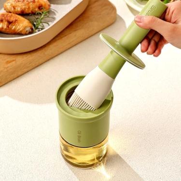 Imagem de Dispensador de óleo de vidro com escova 300 ml - Garrafa de óleo de cozinha com escova de silicone resistente ao calor para molho, churrasco, grelha, fritura, verde