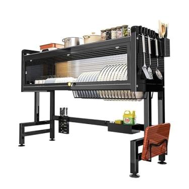 Imagem de Escorredor de Louça em Aço Carbono com Portas, Escorredor de Pratos com Drenagem Automática Suporte para Talheres, Copos, Tábuas, Facas, Organizador Multifuncional para Cozinha (65cm)