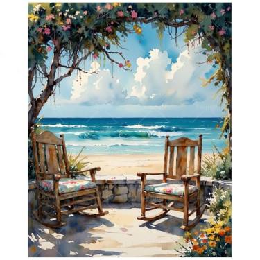 Imagem de Kit de pintura à beira-mar por números para adultos - Vista da praia DIY com cadeiras de balanço de madeira e pintura de flores em tela 40,6 x 50 cm, conjunto de tinta acrílica, adequado para