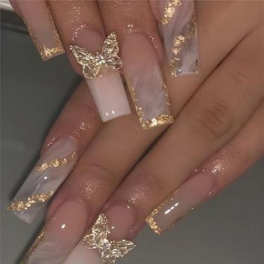 Imagem de 12 tamanhos – 24 peças de kit de unhas de pressão em unhas postiças brilhantes de caixão com desenhos de borboleta 3D em pó de glitter dourado unhas artificiais com 24 adesivos de cola gelatinosa
