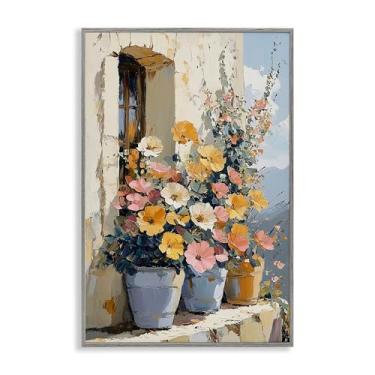 Imagem de Stupell Industries Flores coloridas na borda de pedra arte giclée emoldurada cinza, design por Gina Kelly, 76 x 50 cm