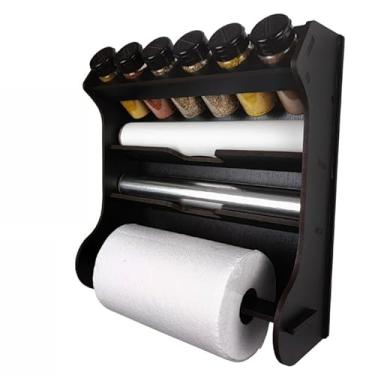 Imagem de Porta Tempero Parede 6 Potes com Porta Papel Toalha e Papel Alumínio (Preto)
