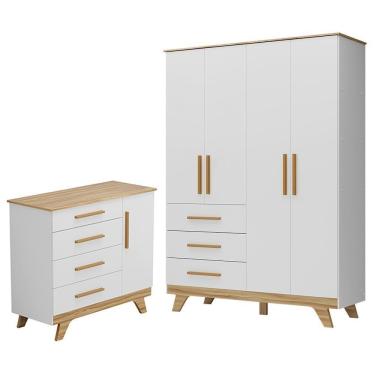 Imagem de Jogo De Quarto Infantil Retrô Guarda Roupa E Cômoda Branco Brilho/amêndoa - Móveis Peroba