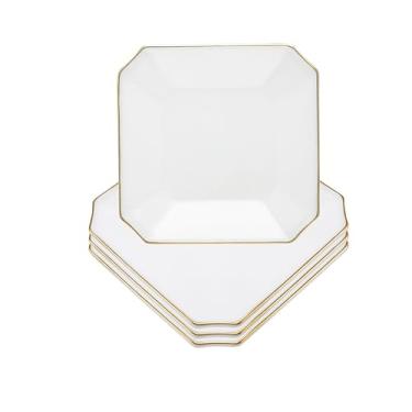 Imagem de Barski Pratos quadrados de vidro – Conjunto de 4 pratos, quadrados de 20 cm – Prato branco com borda dourada – Perfeito para salada, sobremesa, bolo, entrada, aperitivos, festas e entretenimento