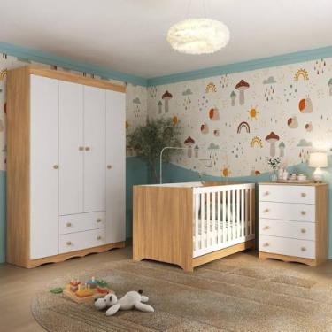 Imagem de Quarto de Bebê Completo com Berço Americano 3 em 1 Realeza Multimóveis Mp4587 Madeirado/branco