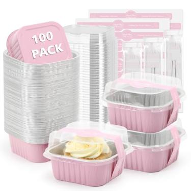 Imagem de Ruckae Mini formas quadradas de 142 g, 100 peças, com tampas, recipientes de sobremesa descartáveis, mini formas de bolo com tampas, copos de sobremesa de alumínio para festas e casamentos (rosa, 142