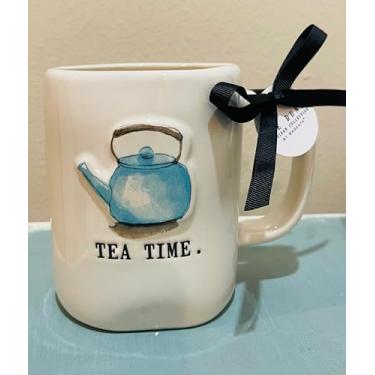 Imagem de RAE Caneca de cerâmica Tea Time com design de bule de chá azul, copo de porcelana branca, fita preta decorativa