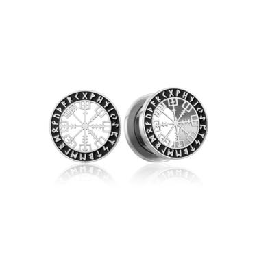 Imagem de PiercingJ 1 par de alargadores de orelha de runa viking túneis nórdicos Halloween Hip-Hop alargador duplo parafuso externo alargador extensores de aço inoxidável piercing joias 0G 00G 1/5.1 cm 9/40.6