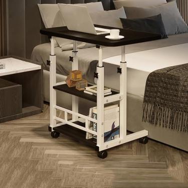 Imagem de BSNANCA Mesa de pé móvel com rodas de altura ajustável, bandeja de TV em forma de C com prateleiras de armazenamento para sofá, mesa de cabeceira para laptop, carrinho de rodinhas para sofá Svart 60 x