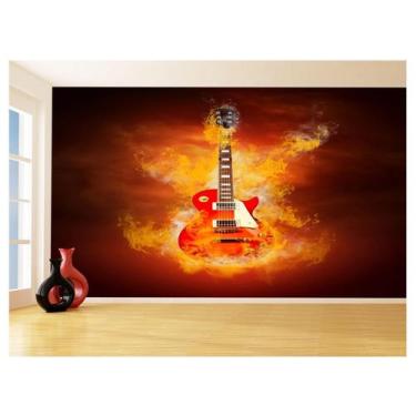 Imagem de Papel De Parede 3D Musica Guitarra Fogo Chamas 3,5M Mus44 - Você Decor
