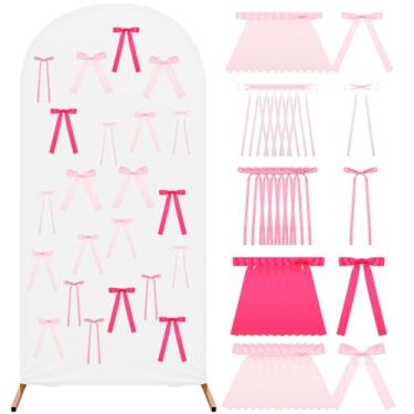 Imagem de RimCereal Capa de fundo de arco branco com 40 peças de laços de fita rosa de 2,2 m, capa de arco de casamento adequada para meninas, noites de chá de bebê, festa de aniversário, casamento