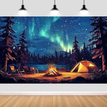 Imagem de Cenário de acampamento de 1,8 x 1,5 m, estrela noturna, cena de floresta, tenda de acampamento, tema de acampamento, adereços de estúdio para decoração de festa de aniversário